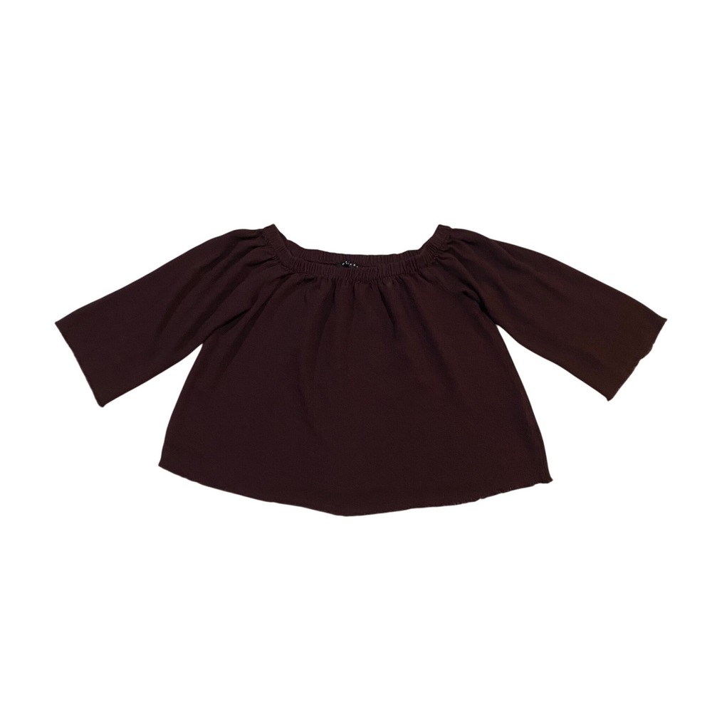 Maven West Off the Shoulder Frayed Hem Blouse Burgundy Brown Womens M